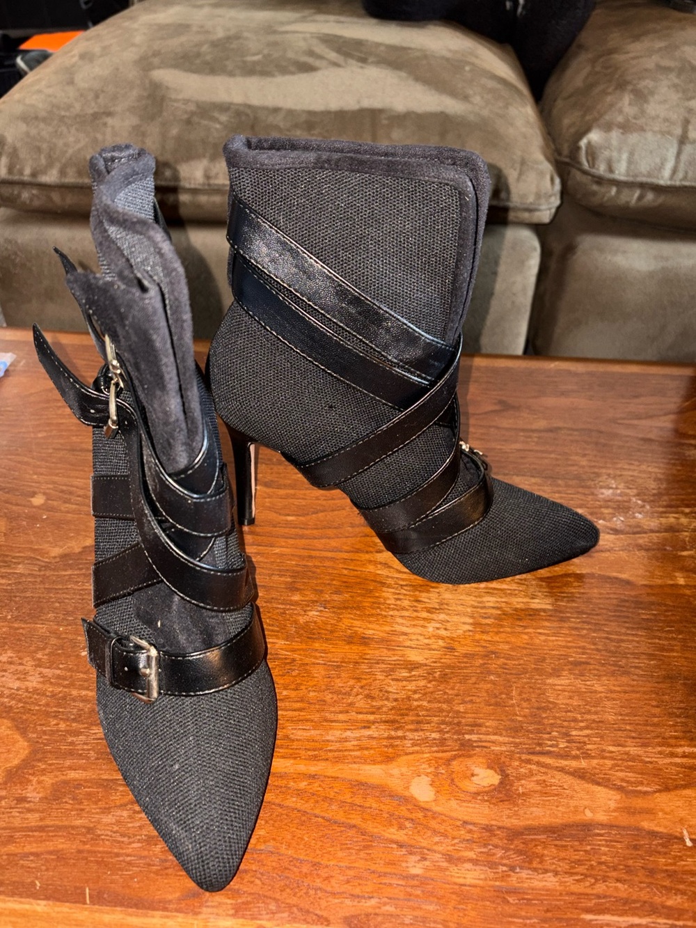 Women's Black Pointed Toe Strappy Ankle Boots